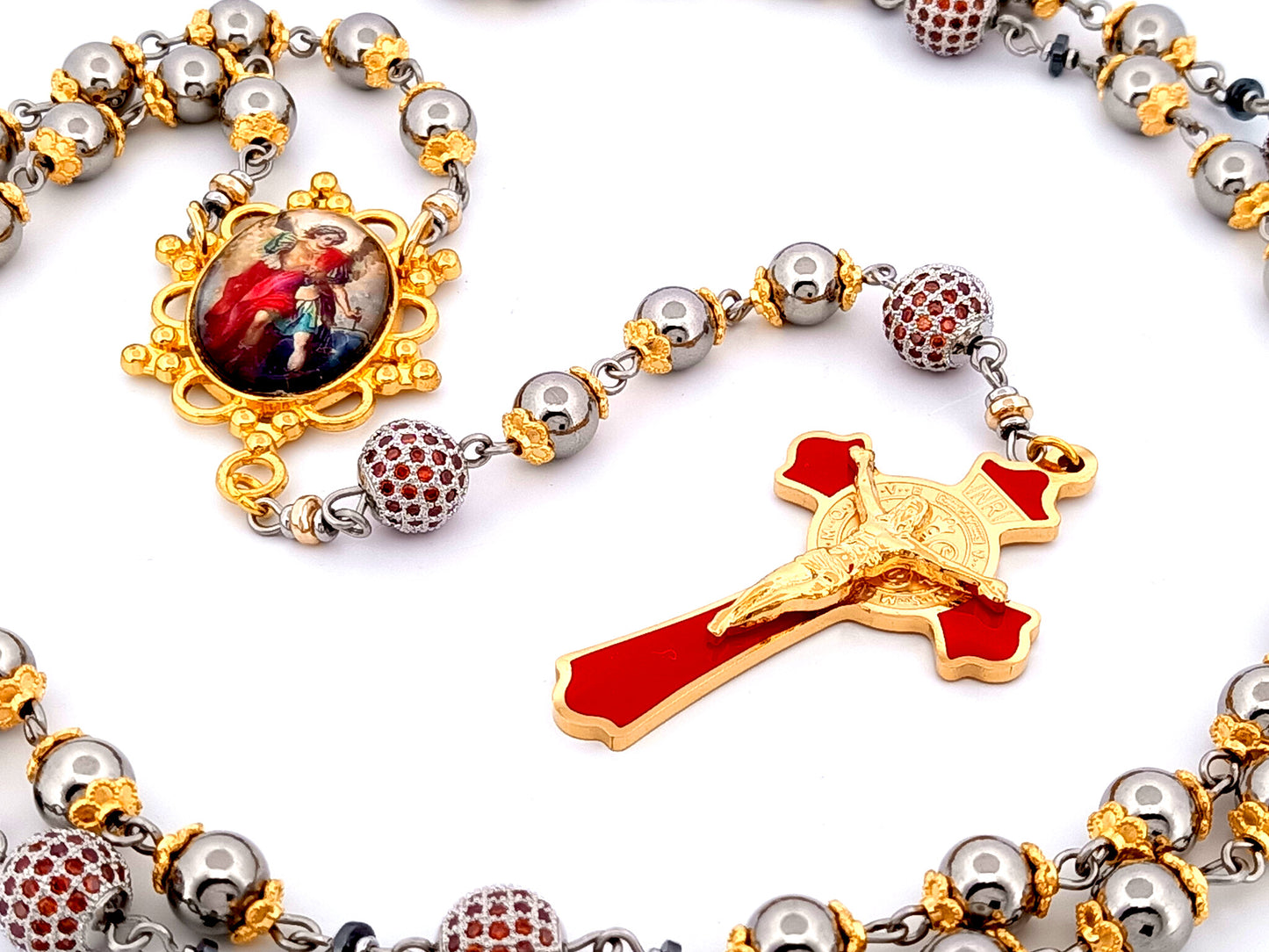 Saint Michael unique rosary beads stainless steel and red cubic zirconia rosary with gold plated stainless steel red enamel crucifix.