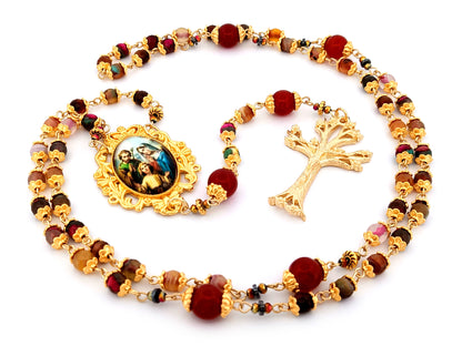 Holy Family unique rosary beads agate gemstone and red glass rosary beads with gold plated pewter dogwood crucifix.