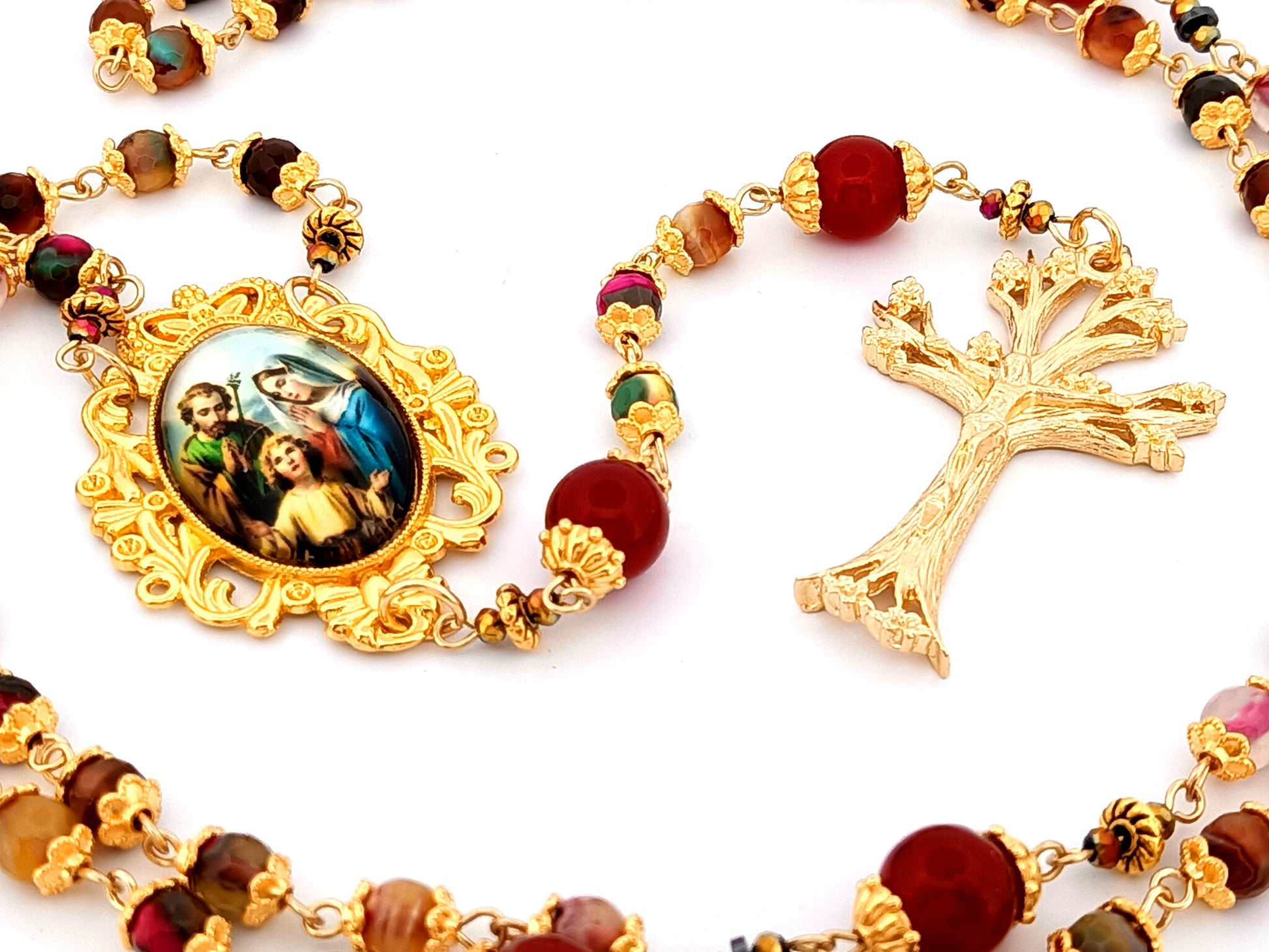 Holy Family unique rosary beads agate gemstone and red glass rosary beads with gold plated pewter dogwood crucifix.