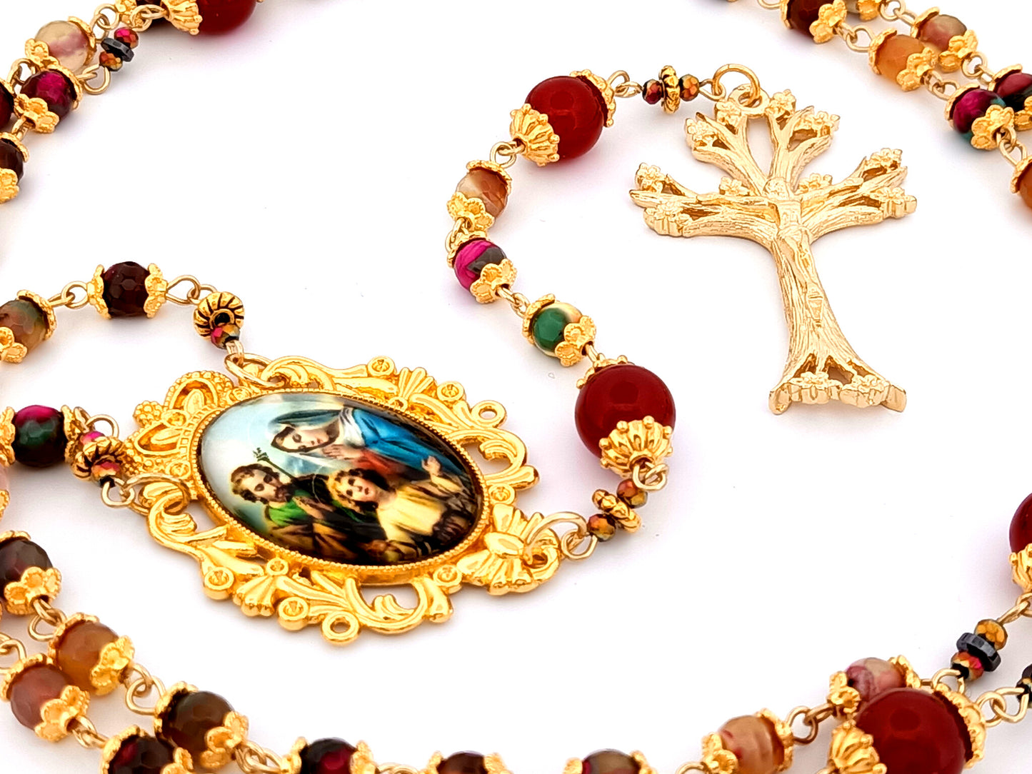Holy Family unique rosary beads agate gemstone and red glass rosary beads with gold plated pewter dogwood crucifix.