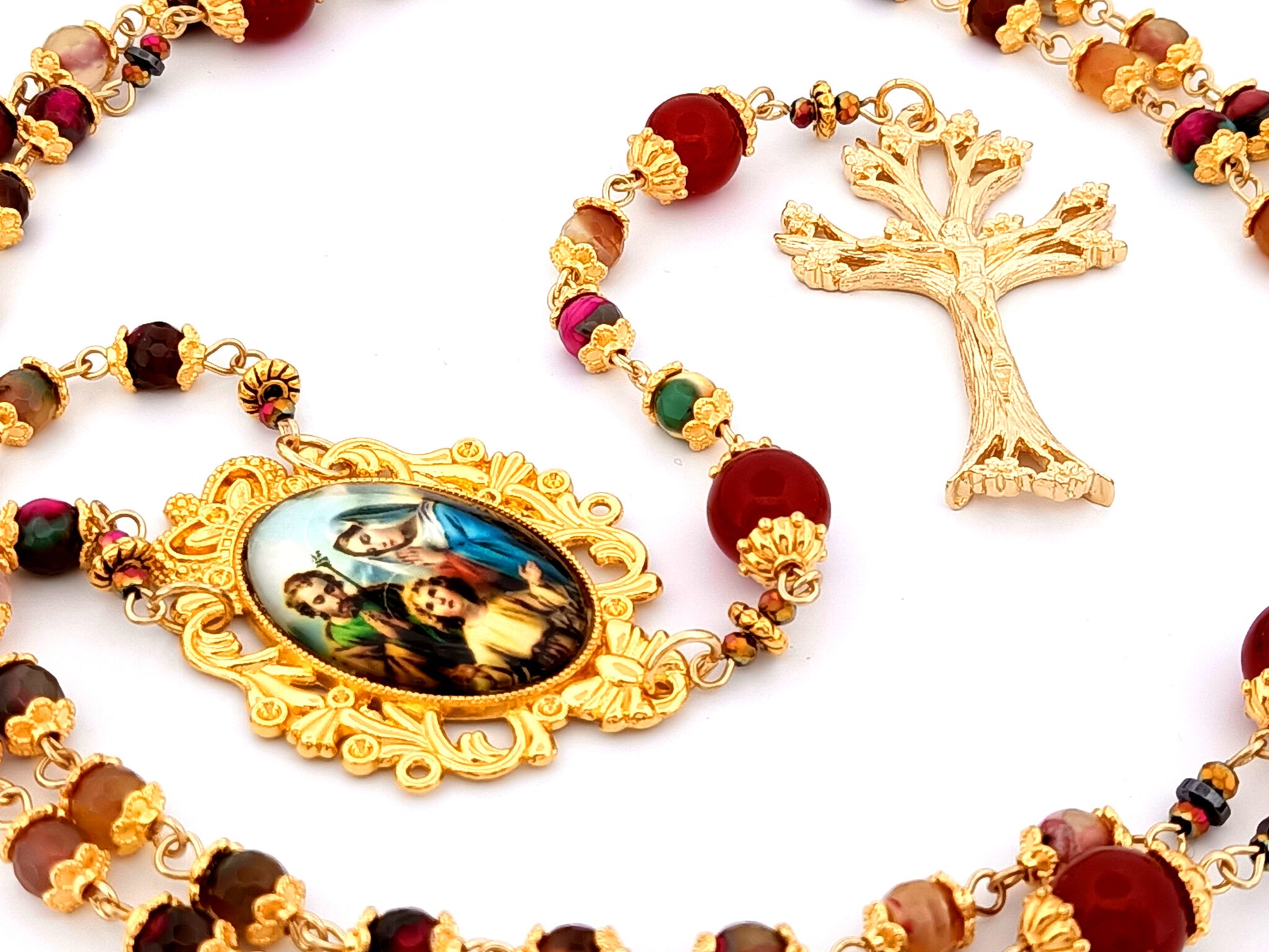 Holy Family unique rosary beads agate gemstone and red glass rosary beads with gold plated pewter dogwood crucifix.