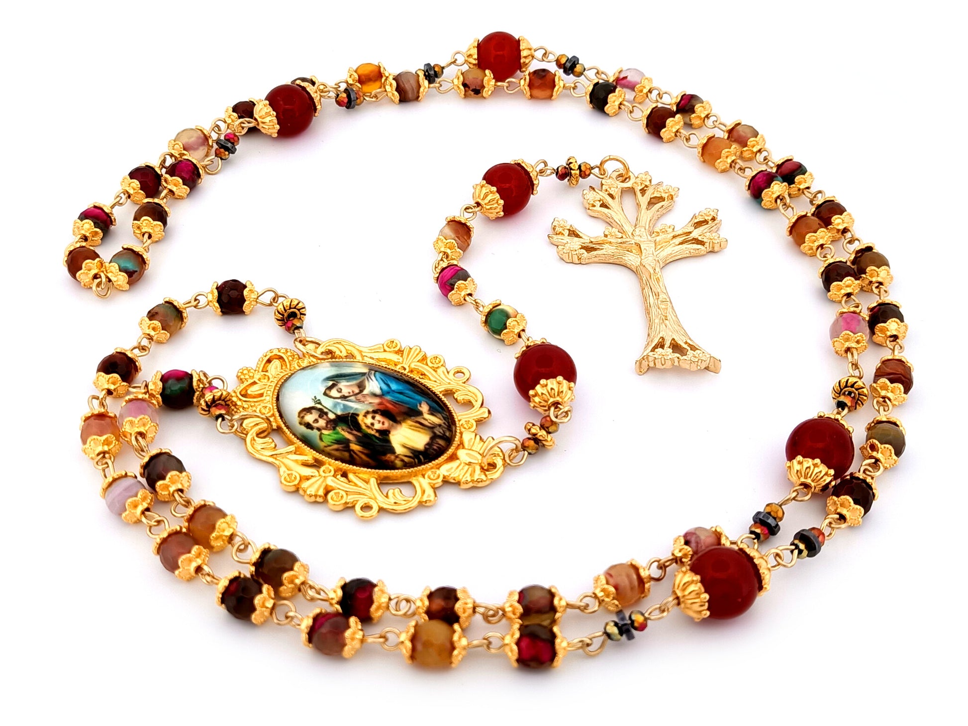 Holy Family unique rosary beads agate gemstone and red glass rosary beads with gold plated pewter dogwood crucifix.