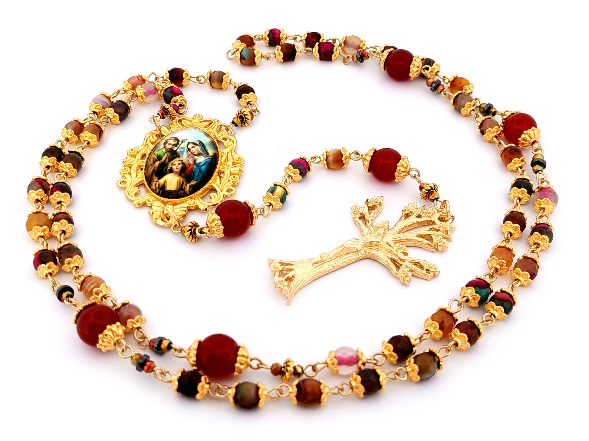 Holy Family unique rosary beads agate gemstone and red glass rosary beads with gold plated pewter dogwood crucifix.