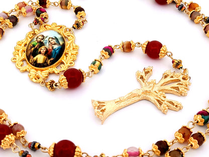 Holy Family unique rosary beads agate gemstone and red glass rosary beads with gold plated pewter dogwood crucifix.