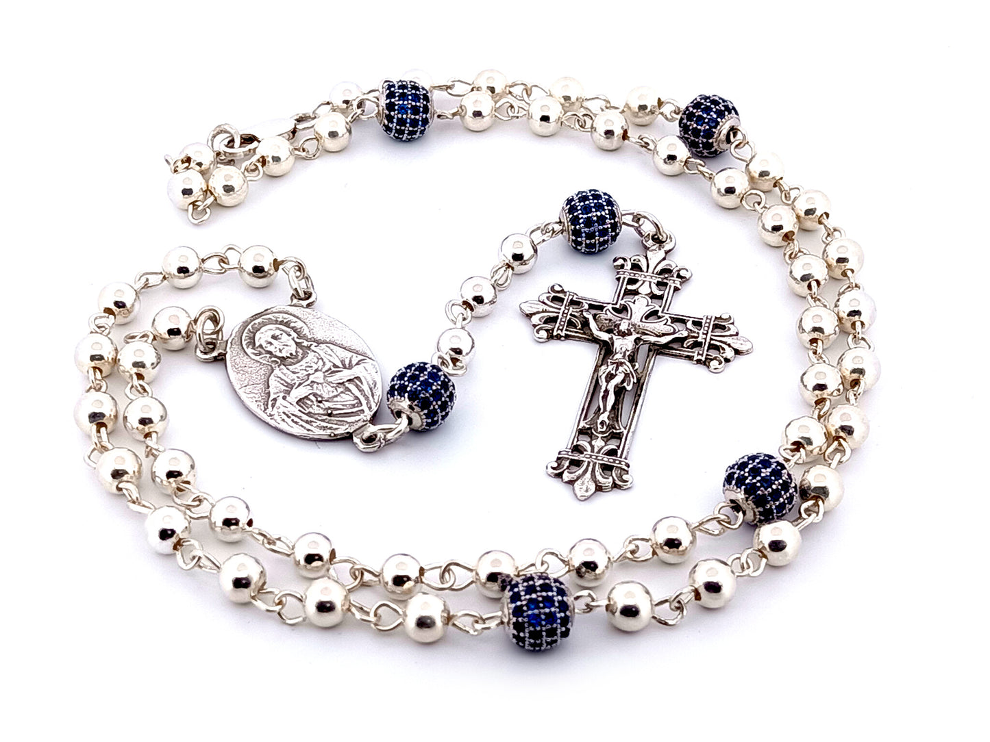 Sacred Heart and Our Lady of Perpetual Help unique rosary beads 925 sterling silver wearable rosary with 925 sterling silver Fleur de Lys style crucifix.