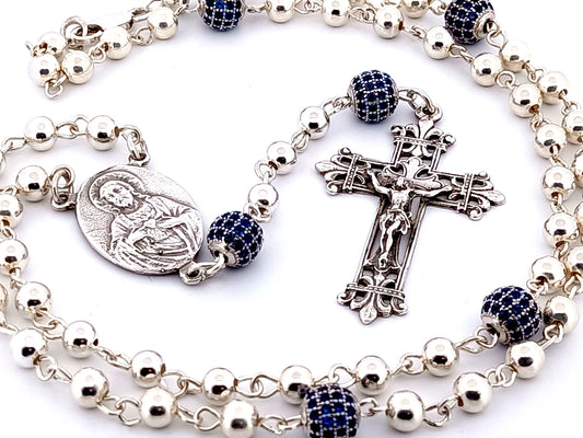 Sacred Heart and Our Lady of Perpetual Help unique rosary beads 925 sterling silver wearable rosary with 925 sterling silver Fleur de Lys style crucifix.