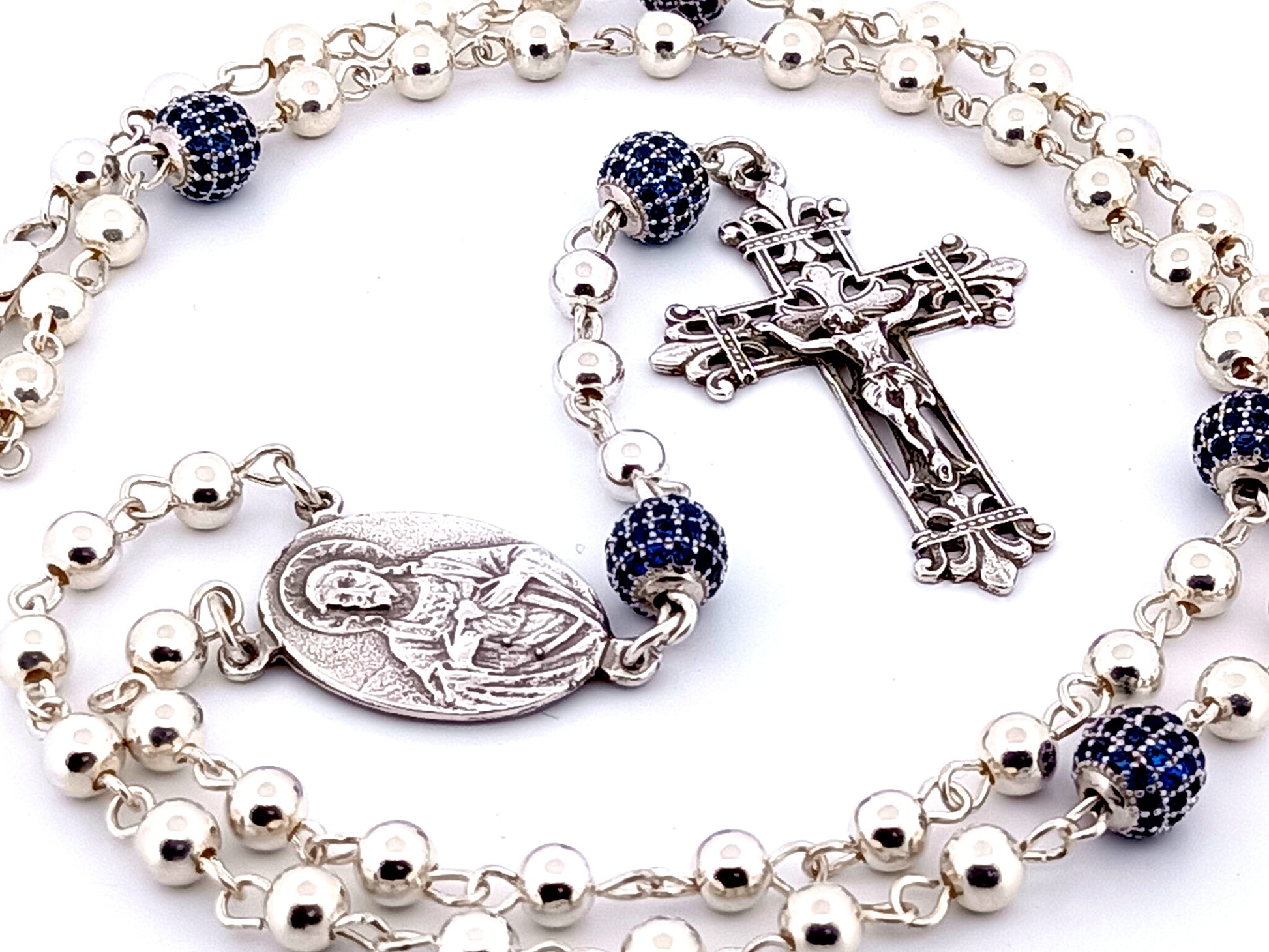 Sacred Heart and Our Lady of Perpetual Help unique rosary beads 925 sterling silver wearable rosary with 925 sterling silver Fleur de Lys style crucifix.