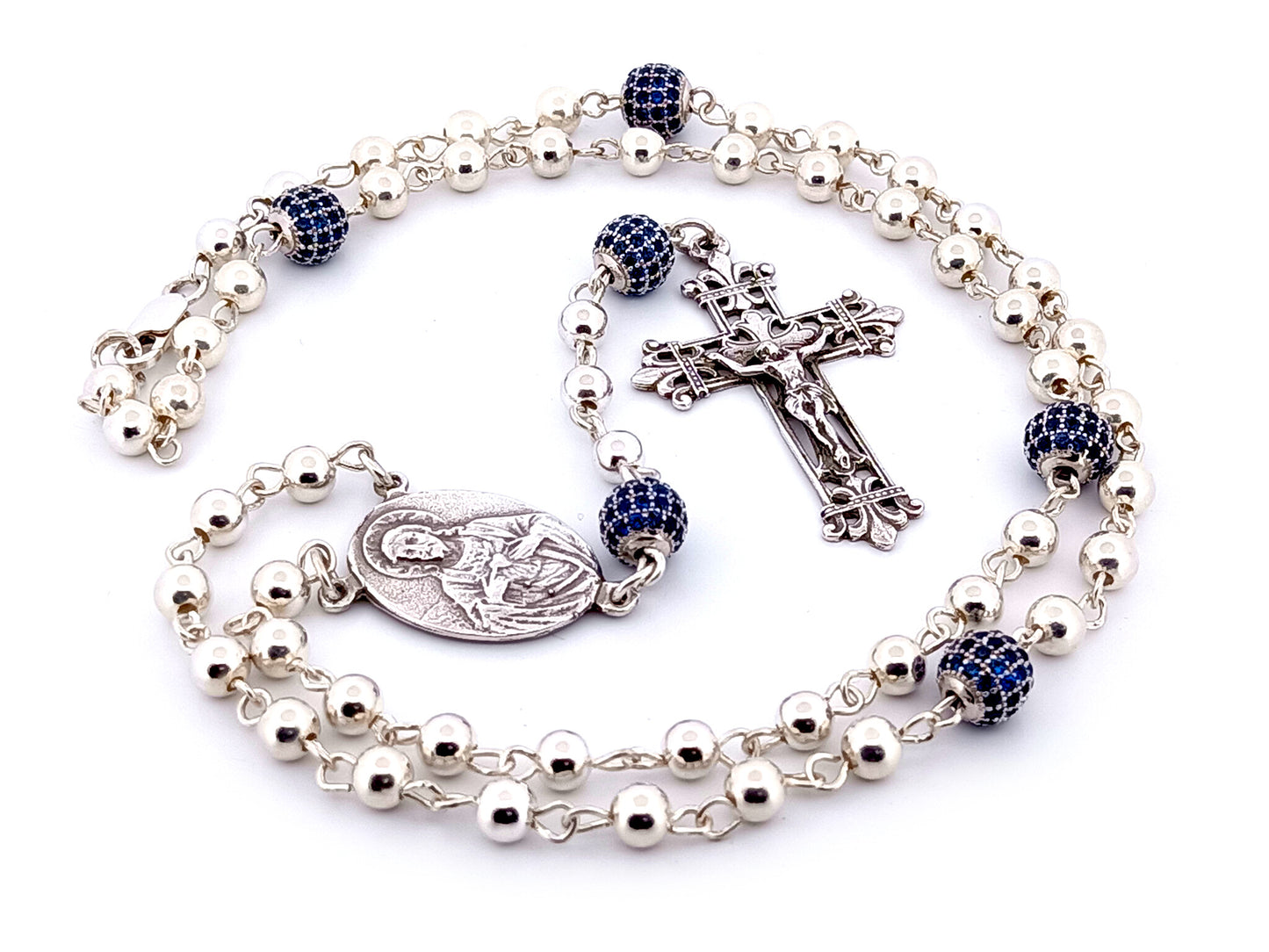 Sacred Heart and Our Lady of Perpetual Help unique rosary beads 925 sterling silver wearable rosary with 925 sterling silver Fleur de Lys style crucifix.