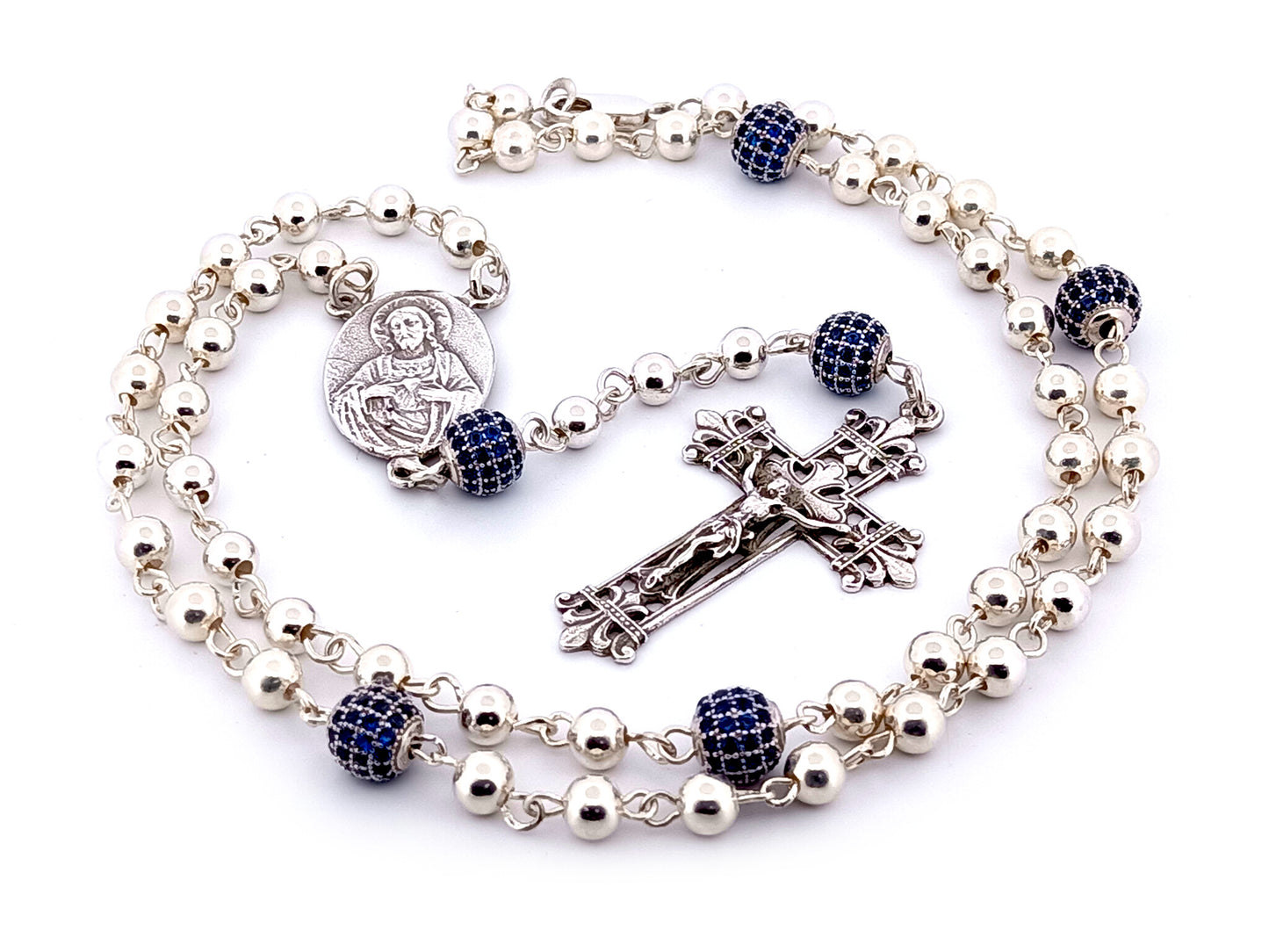 Sacred Heart and Our Lady of Perpetual Help unique rosary beads 925 sterling silver wearable rosary with 925 sterling silver Fleur de Lys style crucifix.