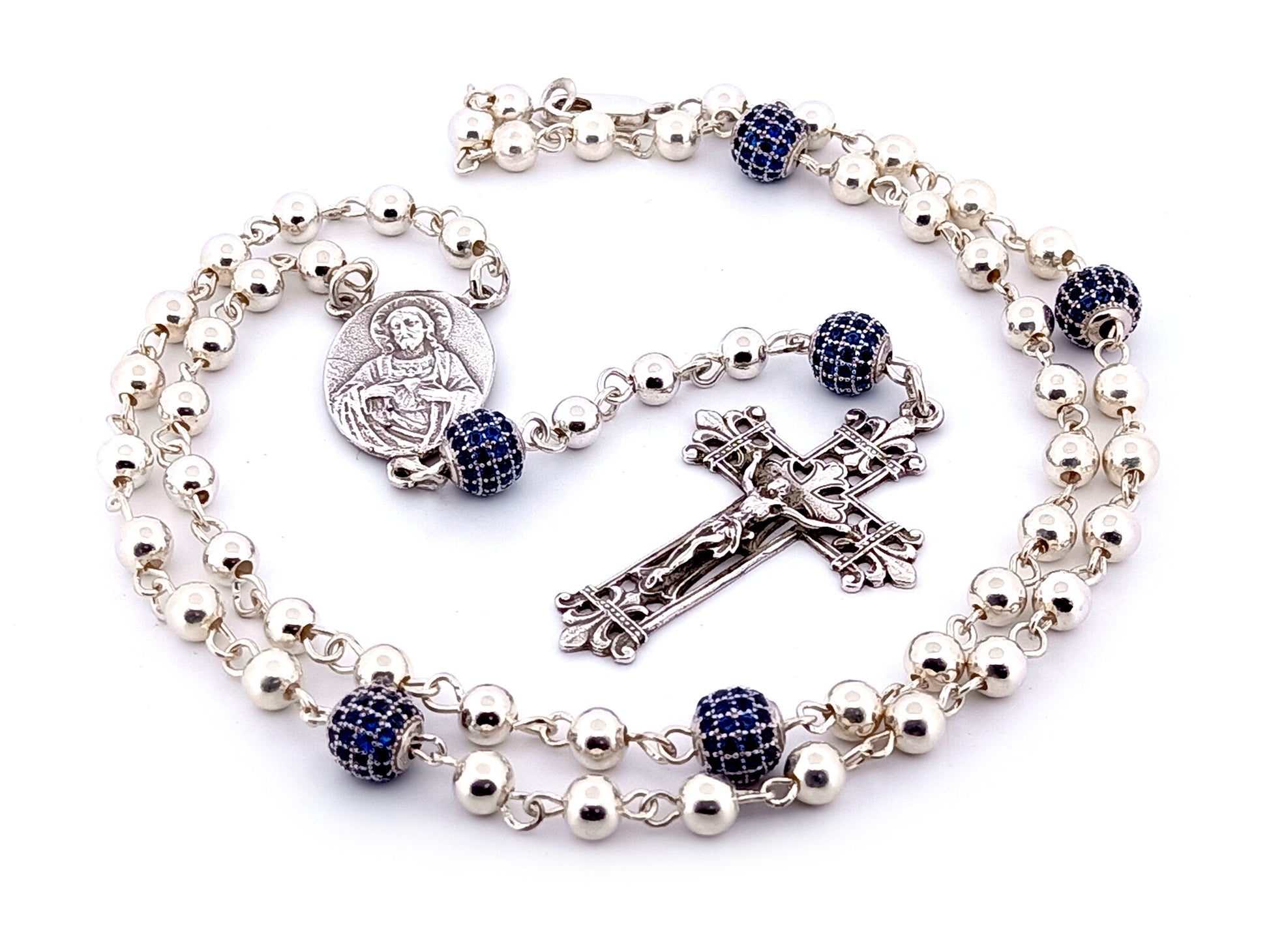 Sacred Heart and Our Lady of Perpetual Help unique rosary beads 925 sterling silver wearable rosary with 925 sterling silver Fleur de Lys style crucifix.