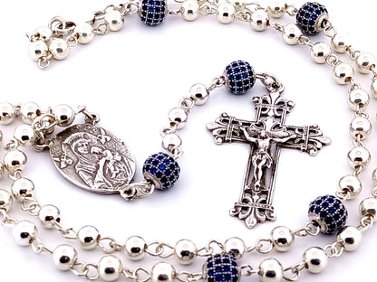 Sacred Heart and Our Lady of Perpetual Help unique rosary beads 925 sterling silver wearable rosary with 925 sterling silver Fleur de Lys style crucifix.