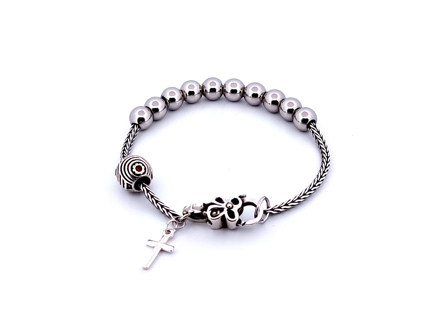 925 sterling silver unique rosary beads single decade rosary bracelet with stainless steel beads and solid silver cross.