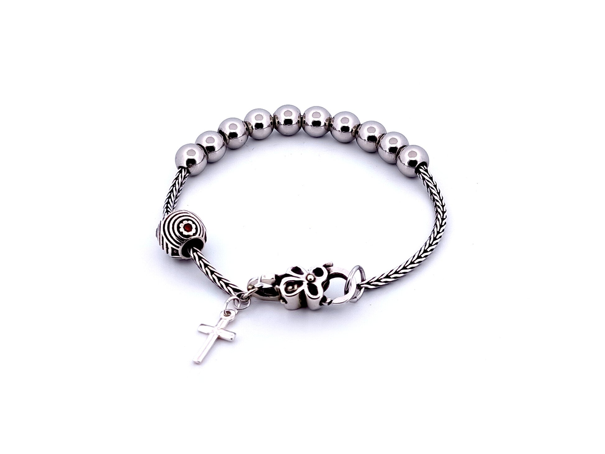 925 sterling silver unique rosary beads single decade rosary bracelet with stainless steel beads and solid silver cross.