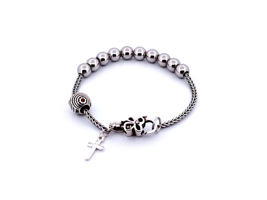 925 sterling silver unique rosary beads single decade rosary bracelet with stainless steel beads and solid silver cross.
