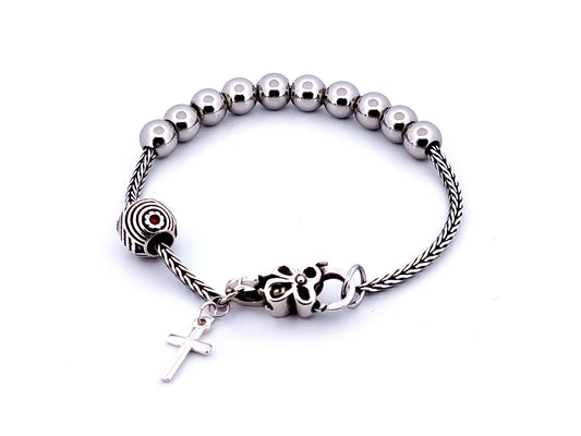 925 sterling silver unique rosary beads single decade rosary bracelet with stainless steel beads and solid silver cross.