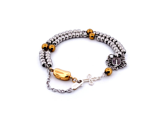 Miraculous Medal unique rosary beads 925 sterling silver and stainless steel 5 decade rosary bracelet with sterling silver linking cross and 18K gold plated clasp.