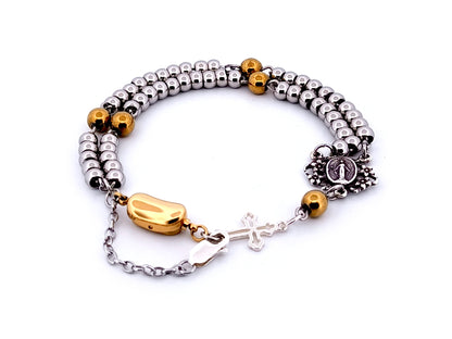 Miraculous Medal unique rosary beads 925 sterling silver and stainless steel 5 decade rosary bracelet with sterling silver linking cross and 18K gold plated clasp.