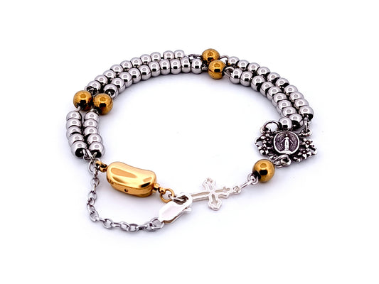 Miraculous Medal unique rosary beads 925 sterling silver and stainless steel 5 decade rosary bracelet with sterling silver linking cross and 18K gold plated clasp.