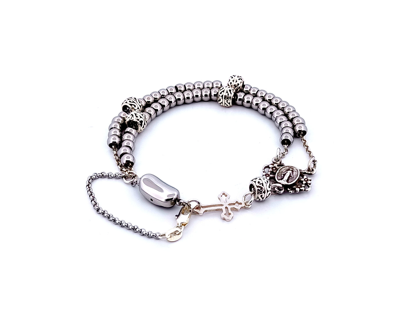 Miraculous Medal unique rosary beads 925 sterling silver and stainless steel 5 decade rosary bracelet with sterling silver linking cross.
