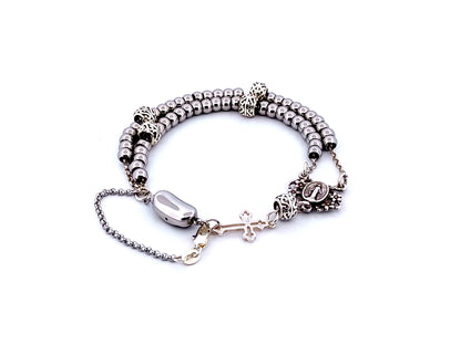 Miraculous Medal unique rosary beads 925 sterling silver and stainless steel 5 decade rosary bracelet with sterling silver linking cross.