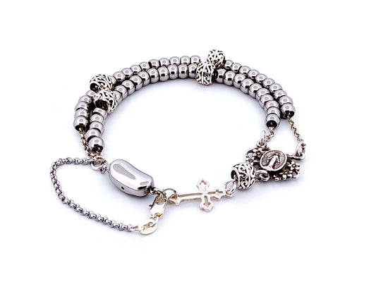 Miraculous Medal unique rosary beads 925 sterling silver and stainless steel 5 decade rosary bracelet with sterling silver linking cross.