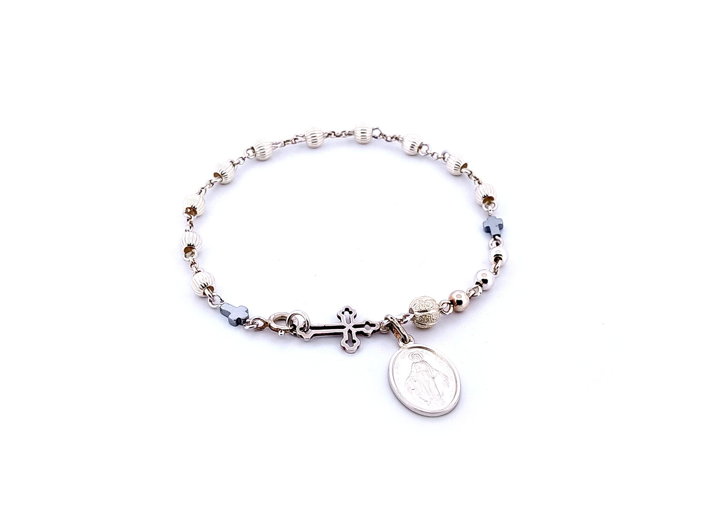 Miraculous Medal 925 sterling silver single decade rosary bracelet with sterling silver linking cross.