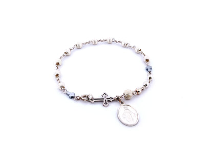 Miraculous Medal 925 sterling silver single decade rosary bracelet with sterling silver linking cross.