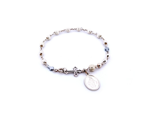 Miraculous Medal 925 sterling silver single decade rosary bracelet with sterling silver linking cross.
