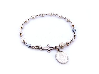 Miraculous Medal 925 sterling silver single decade rosary bracelet with sterling silver linking cross.