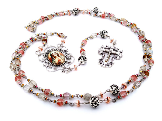 Virgin Mary unique rosary beads mixed quartz gemstone and silver rosary with filigree crucifix.