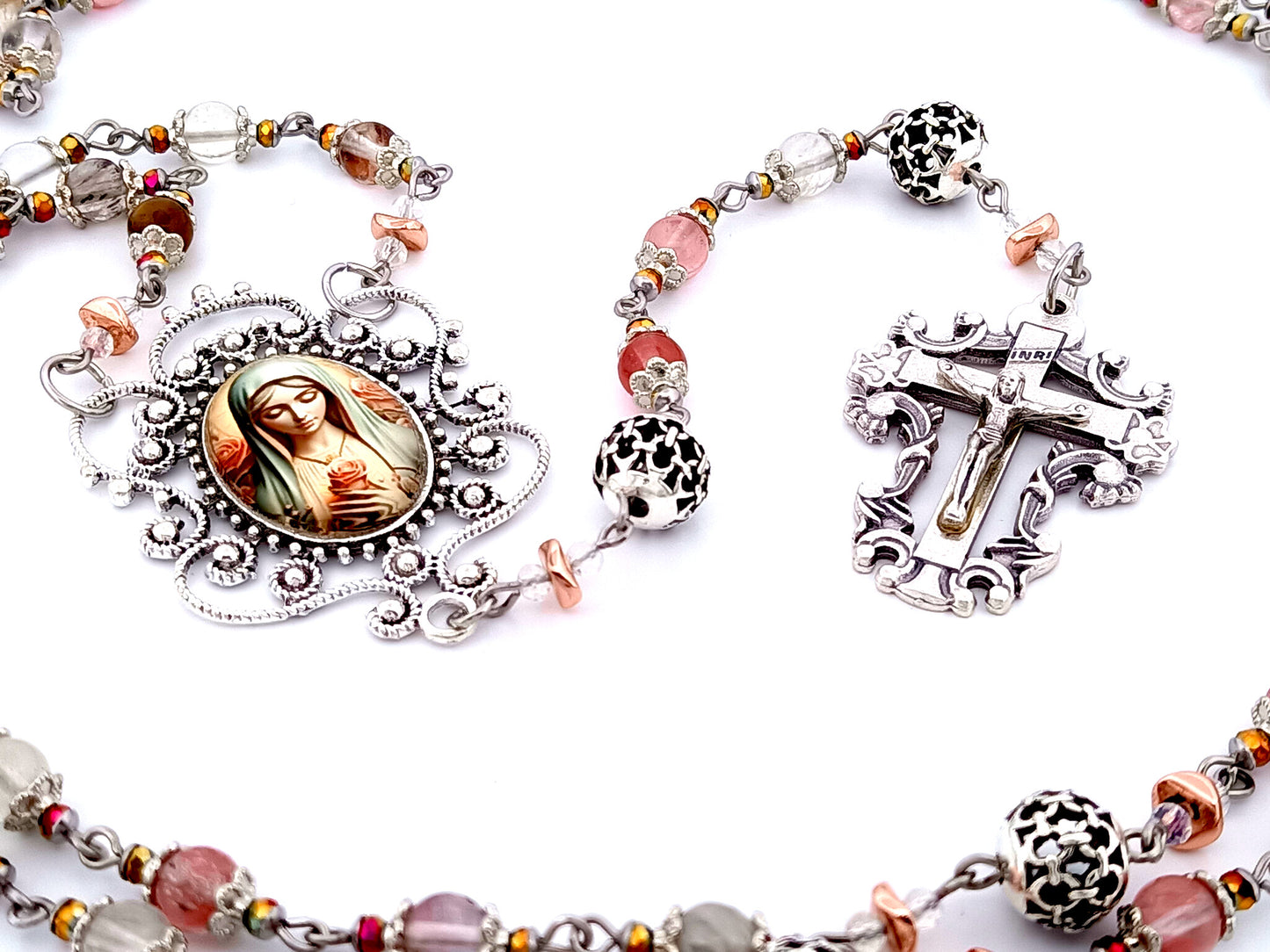 Virgin Mary unique rosary beads mixed quartz gemstone and silver rosary with filigree crucifix.
