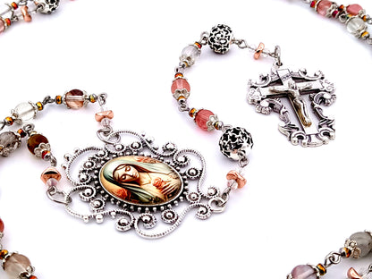 Virgin Mary unique rosary beads mixed quartz gemstone and silver rosary with filigree crucifix.