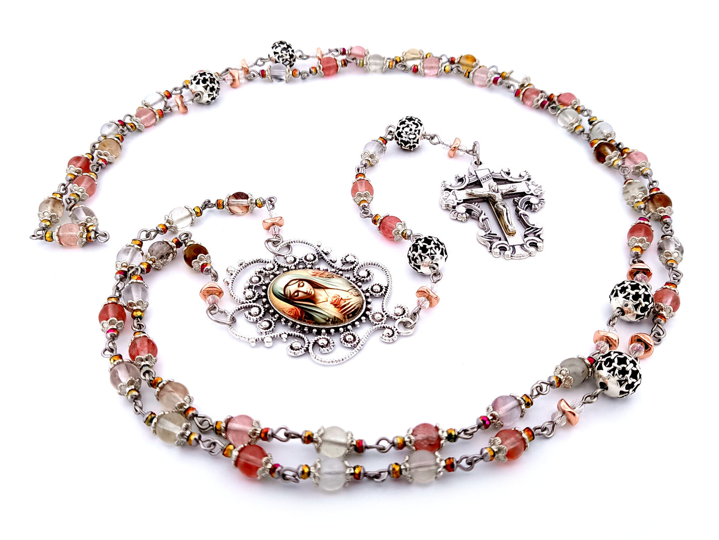 Virgin Mary unique rosary beads mixed quartz gemstone and silver rosary with filigree crucifix.