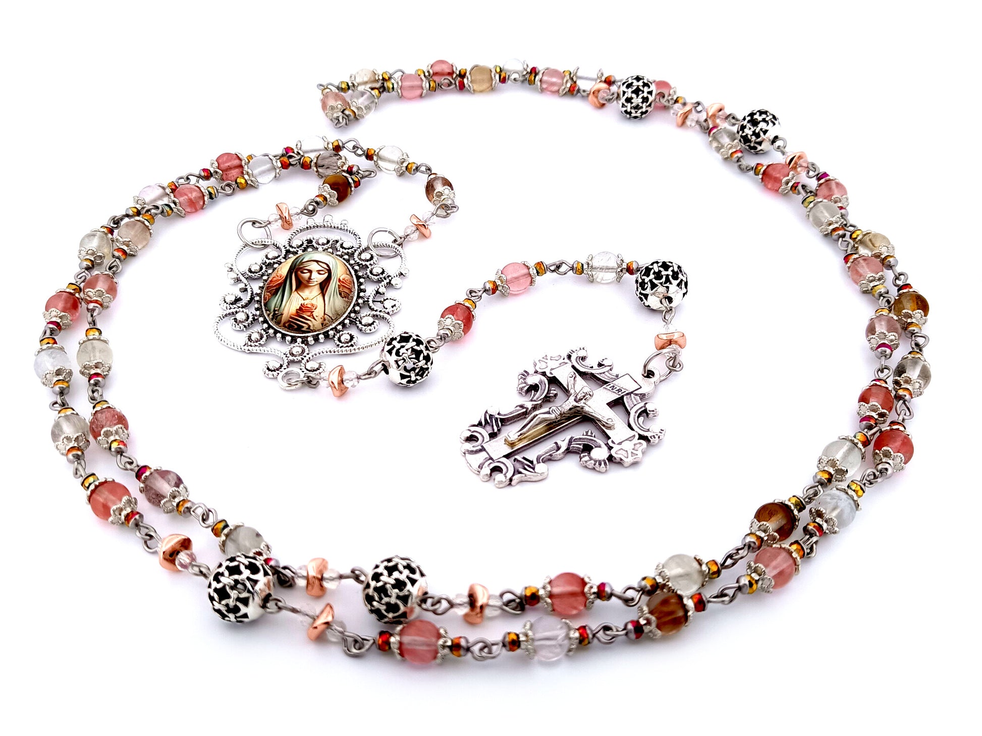 Virgin Mary unique rosary beads mixed quartz gemstone and silver rosary with filigree crucifix.