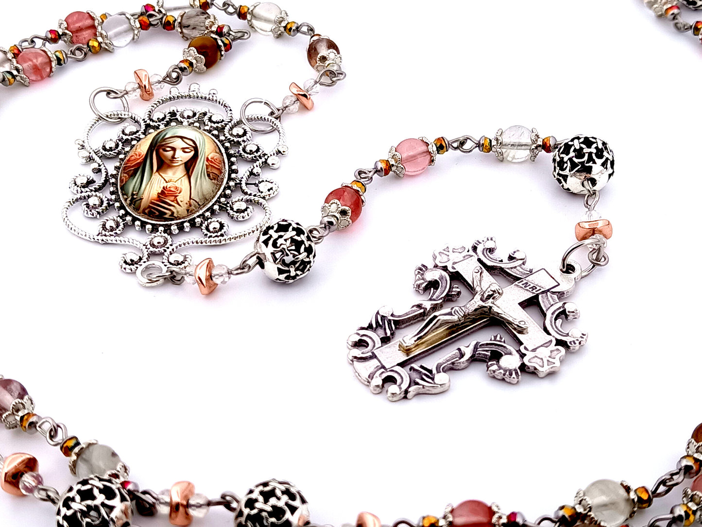 Virgin Mary unique rosary beads mixed quartz gemstone and silver rosary with filigree crucifix.