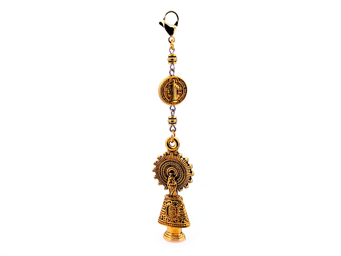 Our Lady of the Pilar gold plated medal key fob with Saint Benedict medal and lobster clasp.