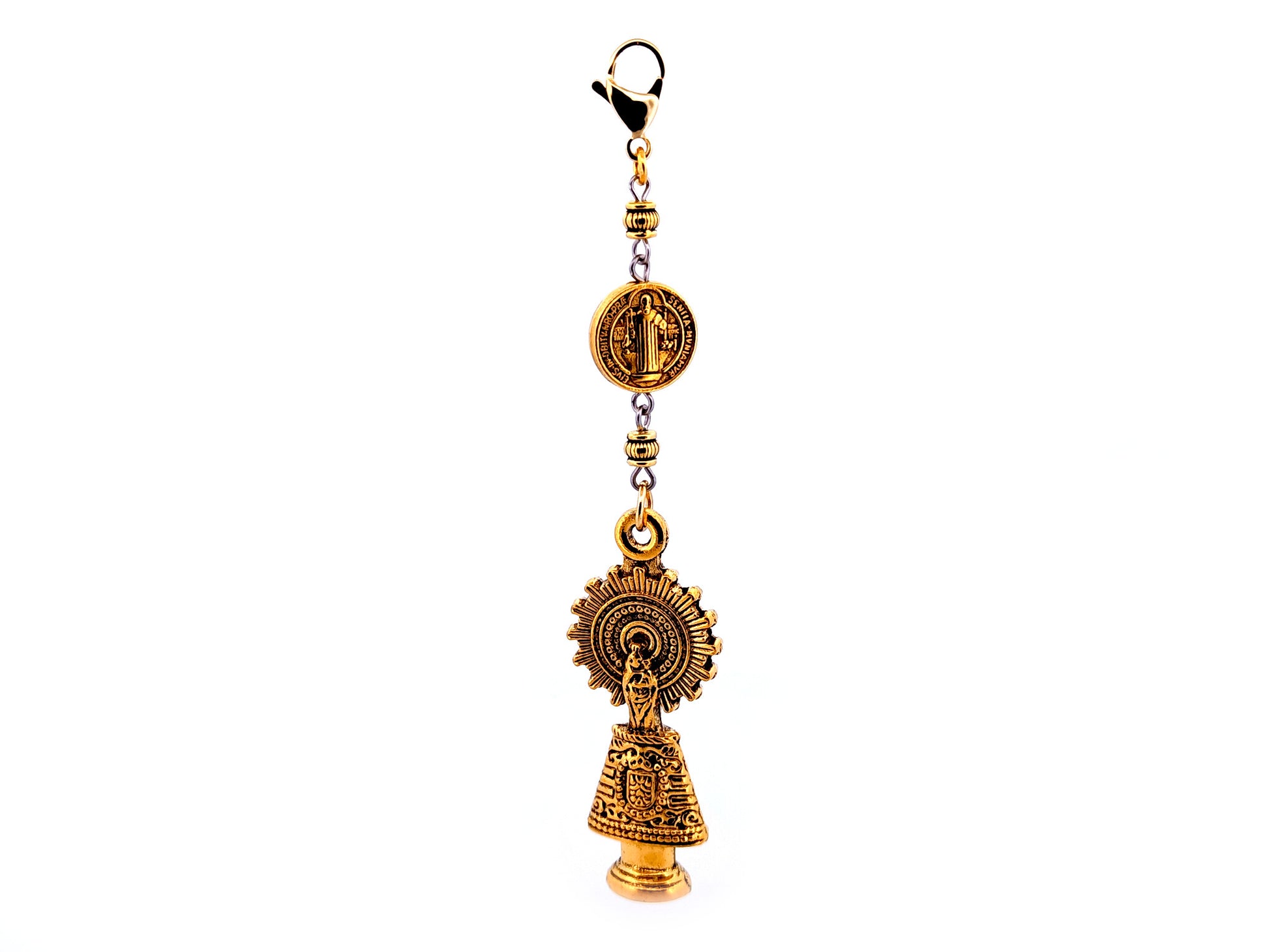 Our Lady of the Pilar gold plated medal key fob with Saint Benedict medal and lobster clasp.