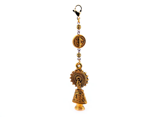 Our Lady of the Pilar gold plated medal key fob with Saint Benedict medal and lobster clasp.