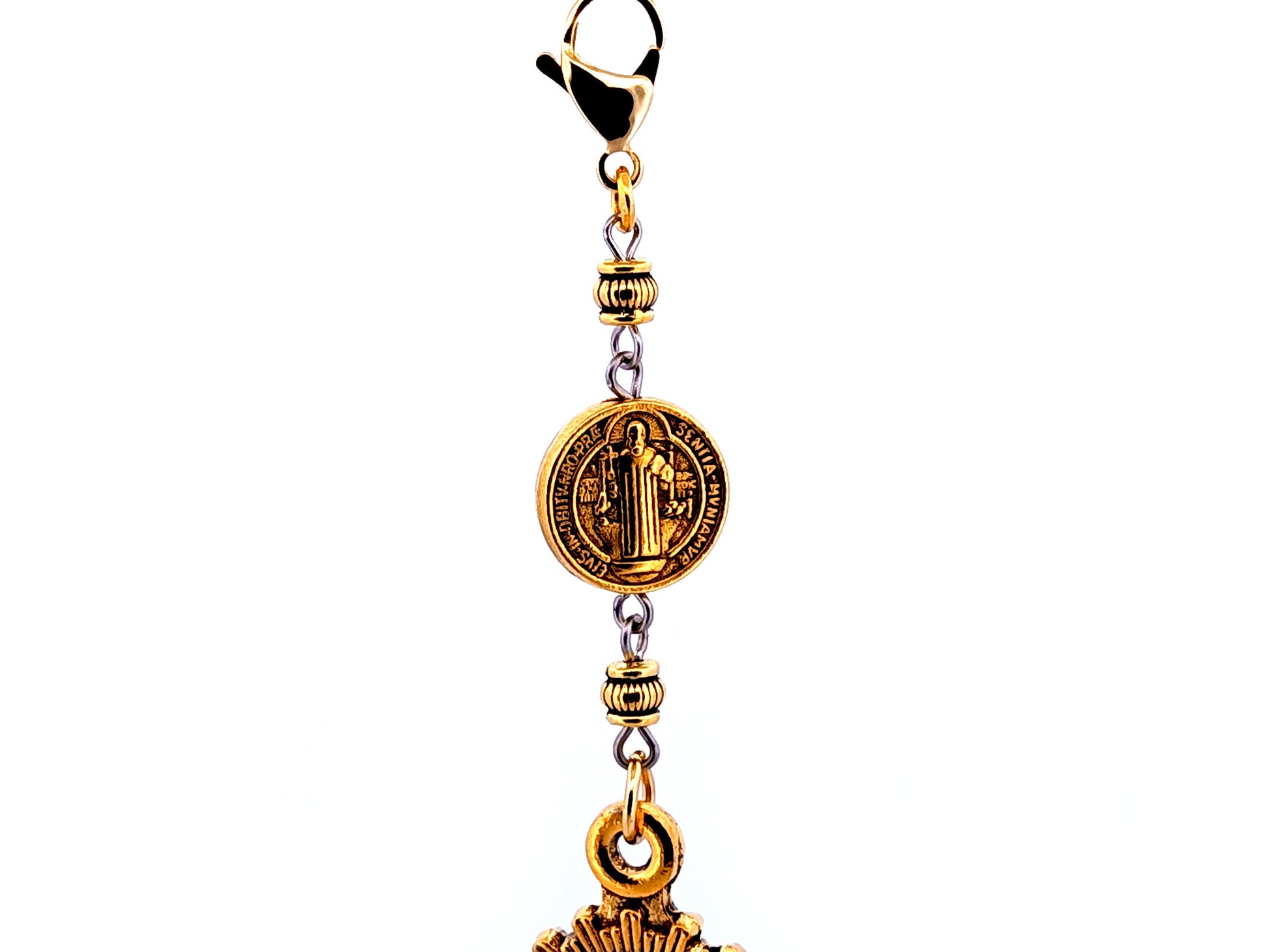 Our Lady of the Pilar gold plated medal key fob with Saint Benedict medal and lobster clasp.