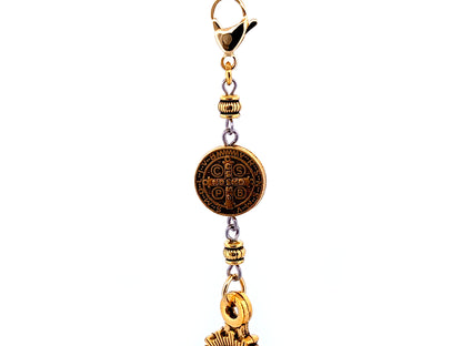 Our Lady of the Pilar gold plated medal key fob with Saint Benedict medal and lobster clasp.
