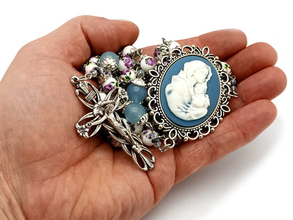 Virgin Mary and Child Jesus unique rosary beads cameo floral porcelain and blue glass rosary with lily crucifix.
