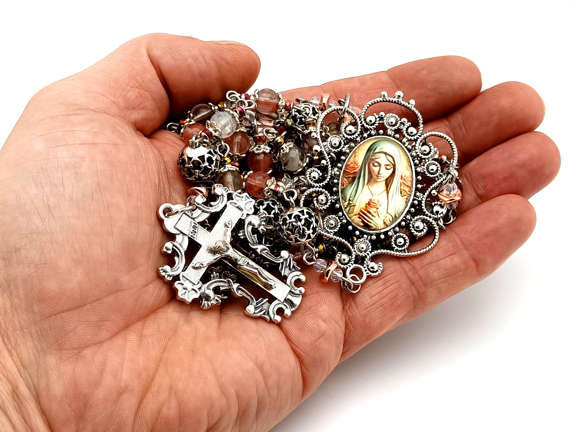Virgin Mary unique rosary beads mixed quartz gemstone and silver rosary with filigree crucifix.