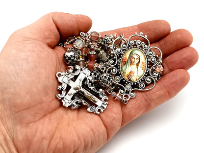 Virgin Mary unique rosary beads mixed quartz gemstone and silver rosary with filigree crucifix.