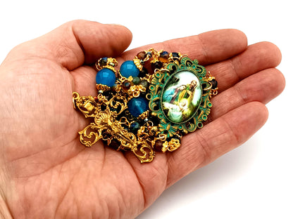 Holy Family unique rosary beads faceted agate gemstone and blue glass rosary beads with 14K gold brass vintage style filigree crucifix.