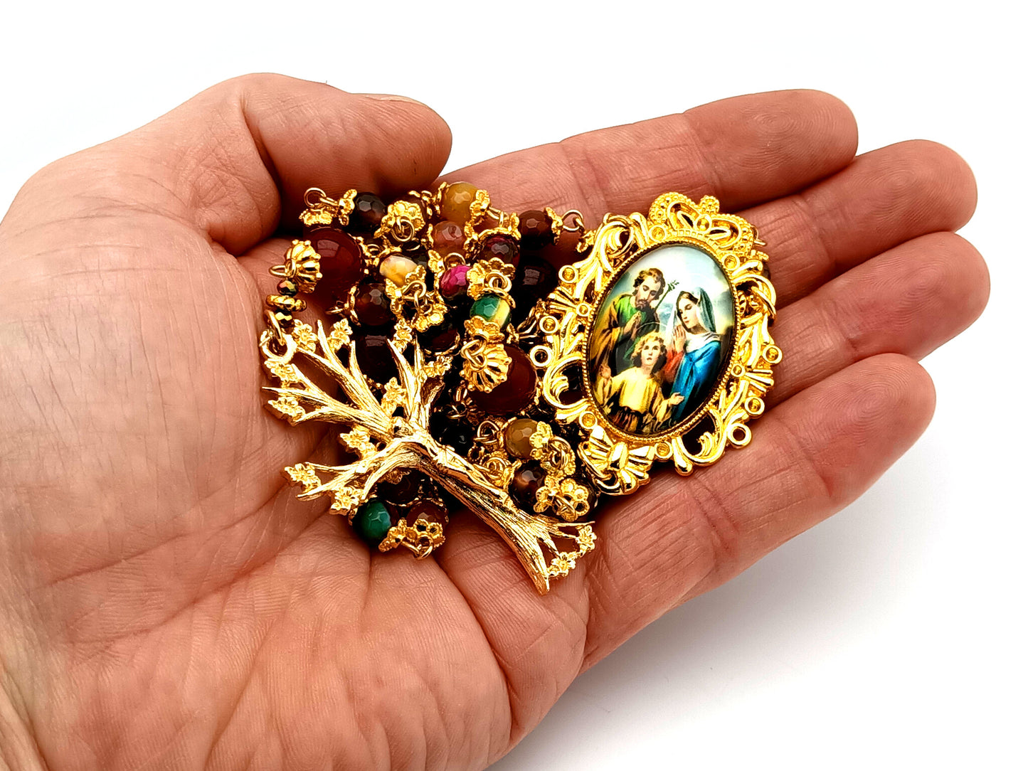 Holy Family unique rosary beads agate gemstone and red glass rosary beads with gold plated pewter dogwood crucifix.