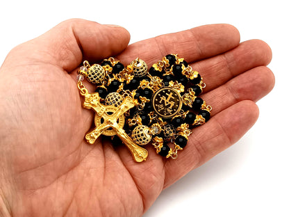 Miraculous Medal unique rosary beads onyx gemstone and gold cubic zirconia rosary with gold plated pewter Claddagh crucifix.