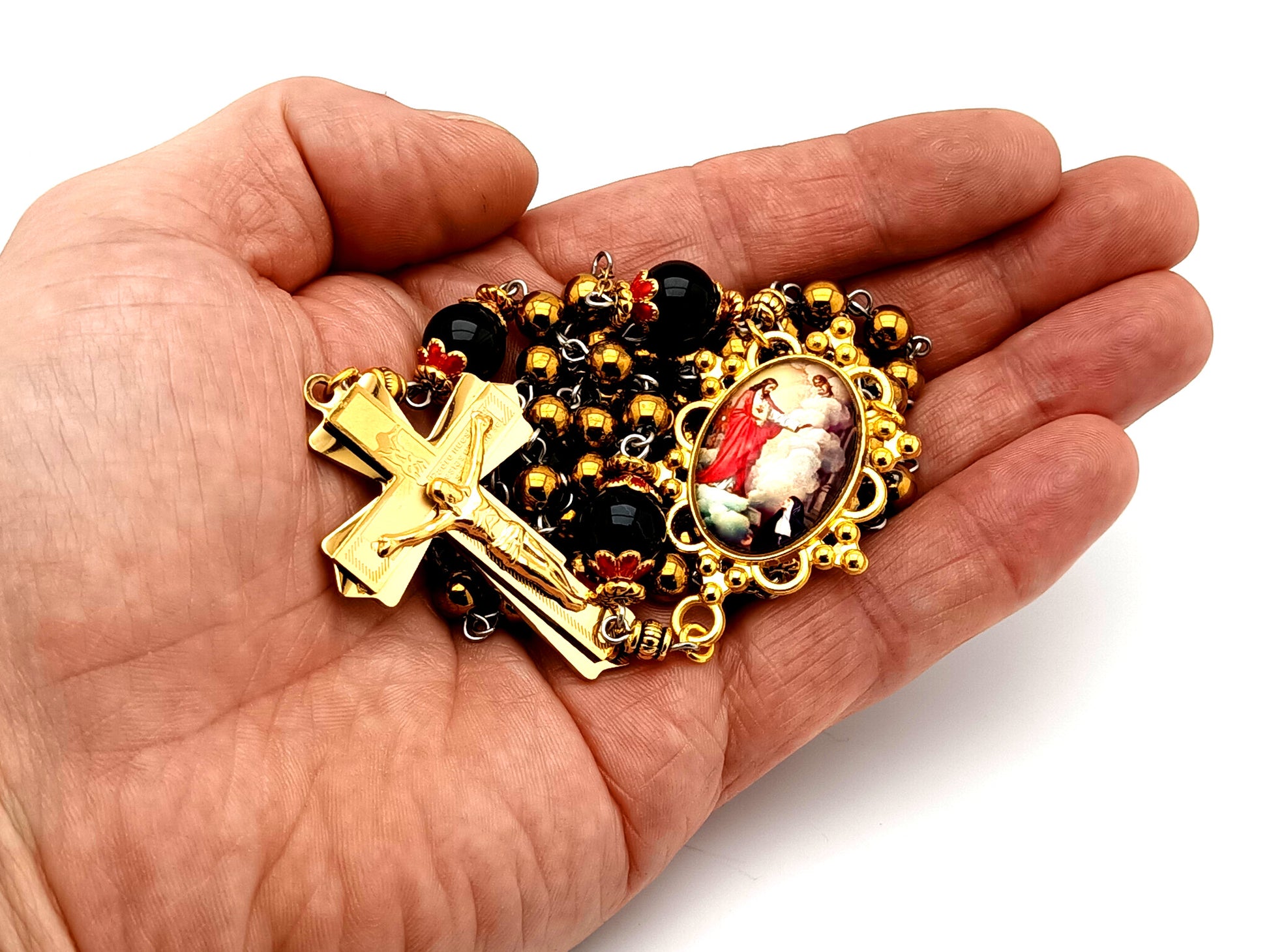 Saint Margret Mary Alacoque and The Sacred Heart unique rosary beads gold plated hematite and onyx gemstone rosary with gold plated crucifix.