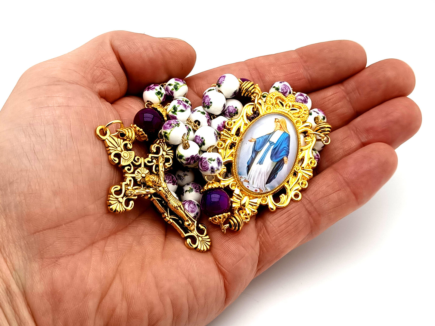 Our Lady of Grace unique rosary beads  floral porcelain and purple glass rosary with gold plated filigree crucifix.