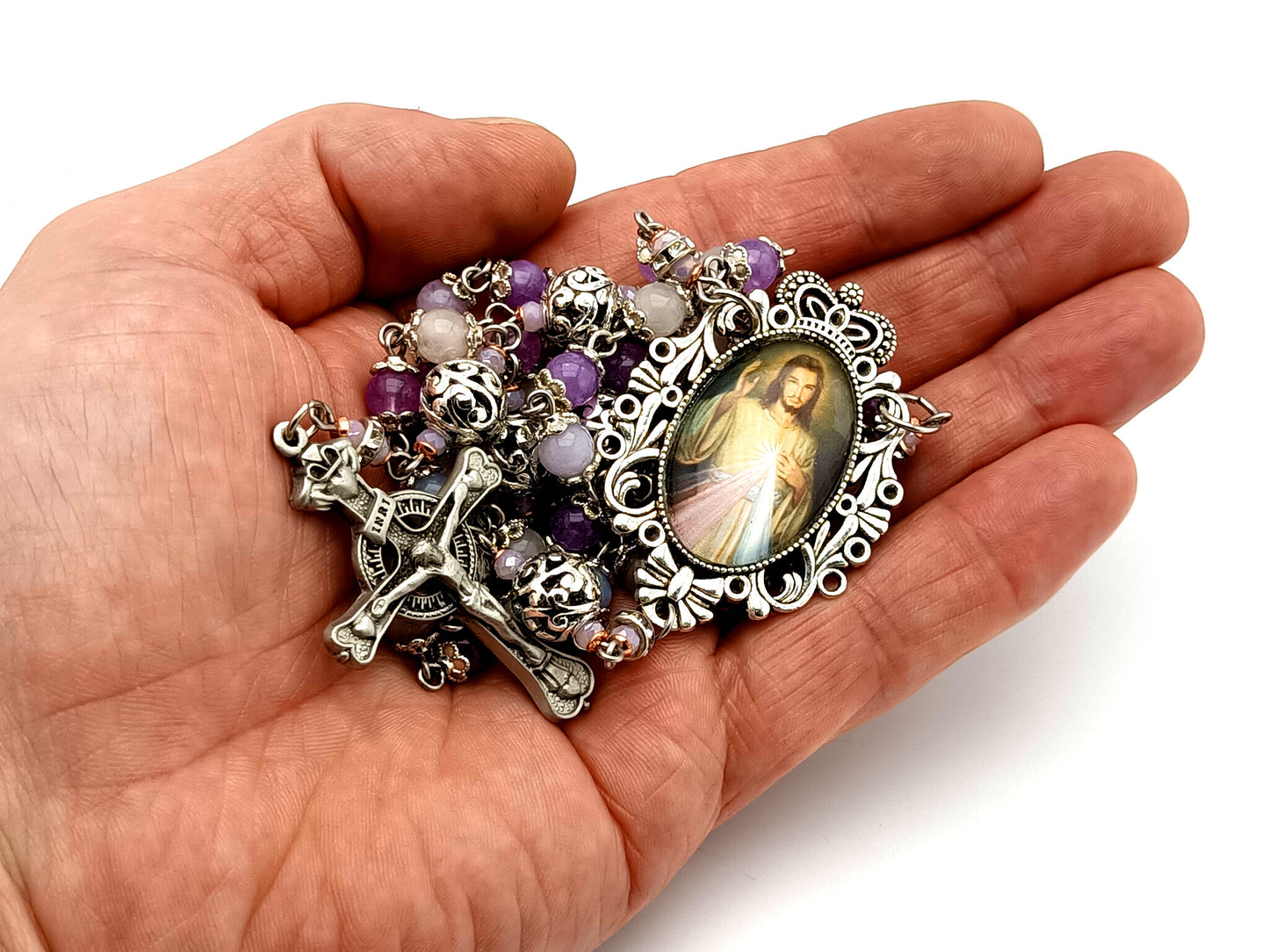 Divine Mercy unique rosary beads aqua marine, rose quartz and amethyst gemstone and silver rosary with pewter Claddagh crucifix.