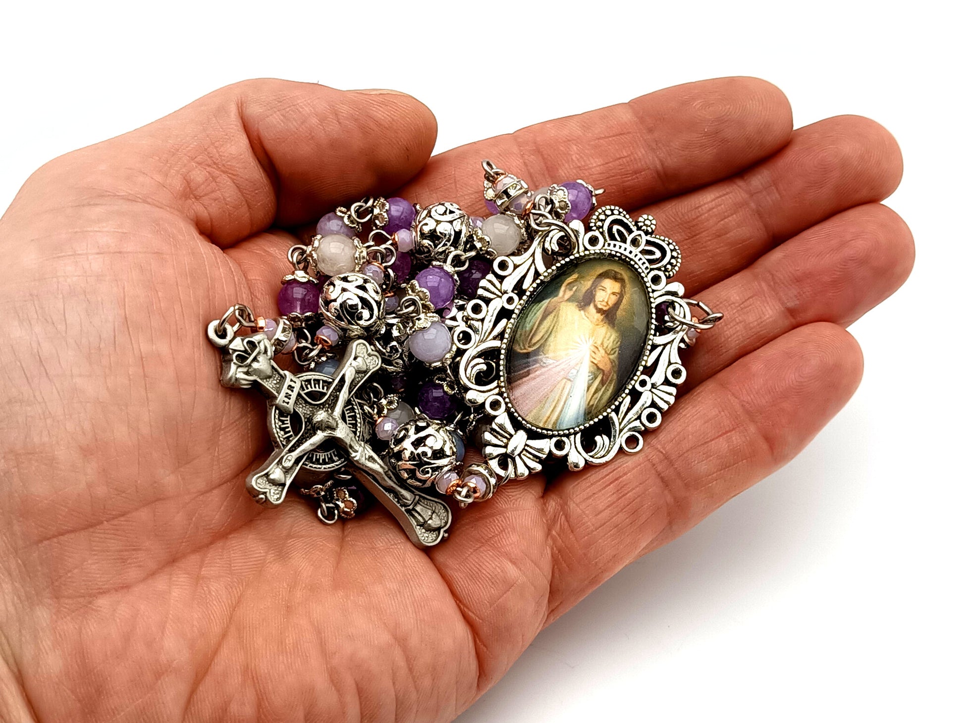 Divine Mercy unique rosary beads aqua marine, rose quartz and amethyst gemstone and silver rosary with pewter Claddagh crucifix.
